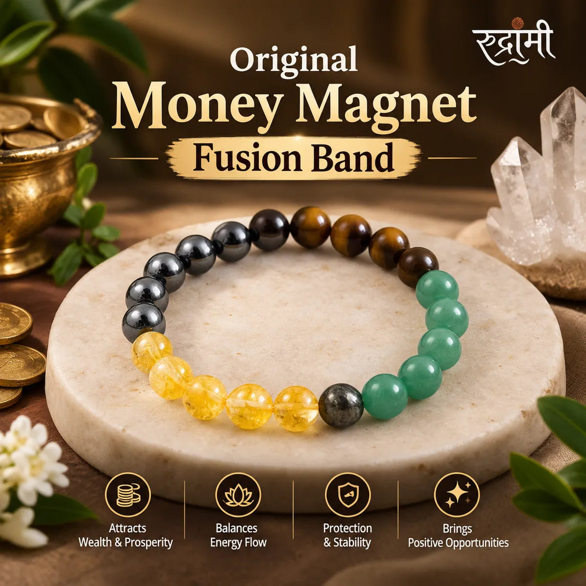 Money Magnet Fusion Band - Pyrite, Tiger Eye, Citrine & Aventurine Beads