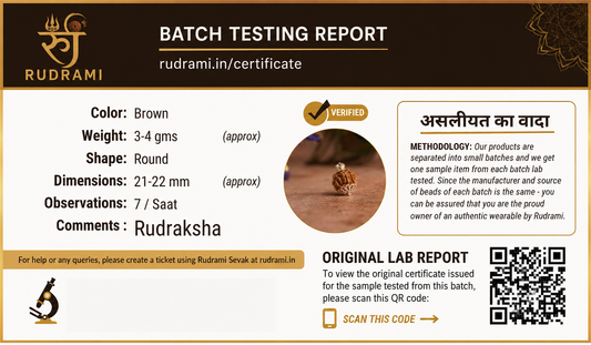 Rudrami lab certified Rudraksha bead batch testing report with details and QR code