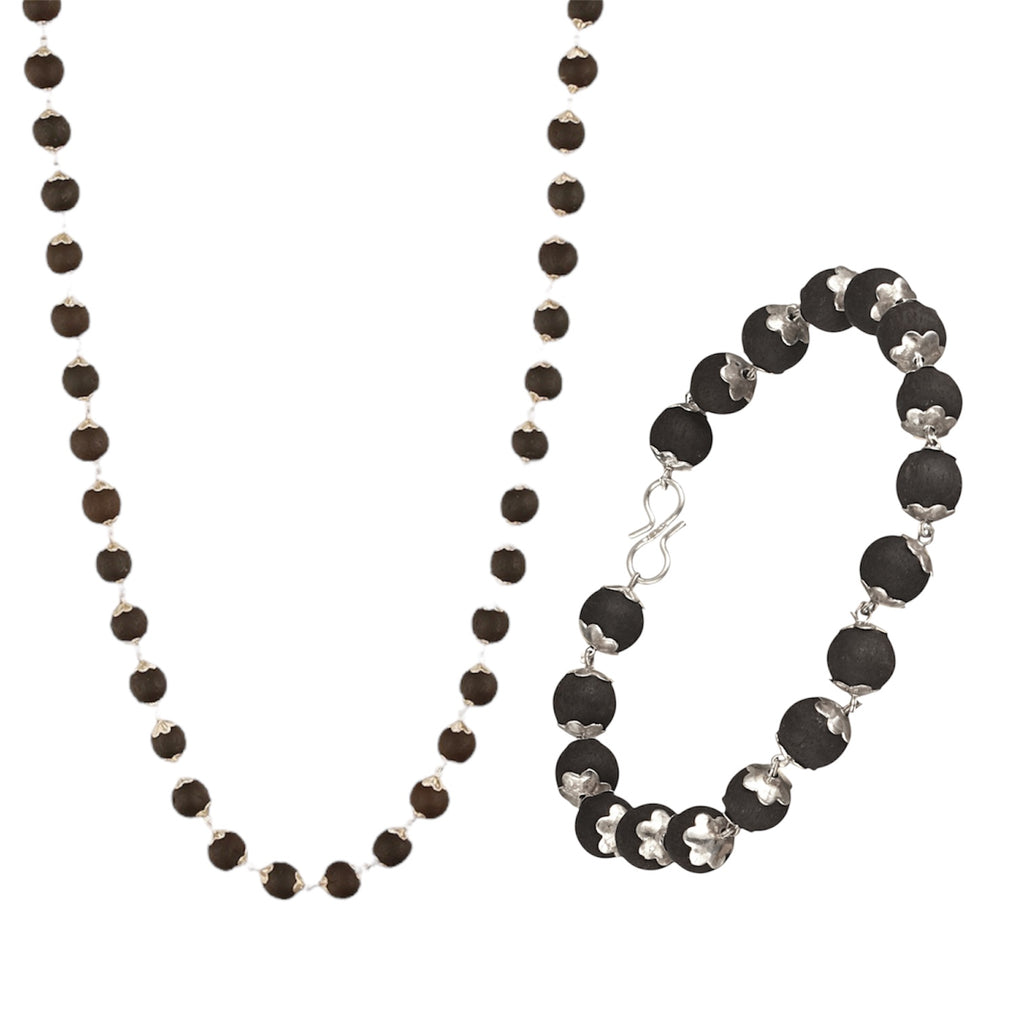 Karungali black beaded mala and bracelet combo for men on white background