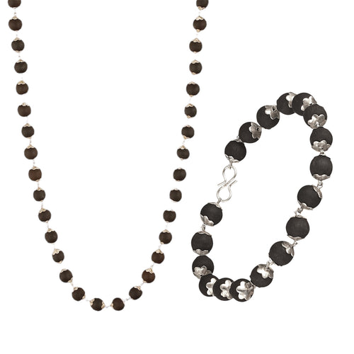 Karungali black beaded mala and bracelet combo for men on white background