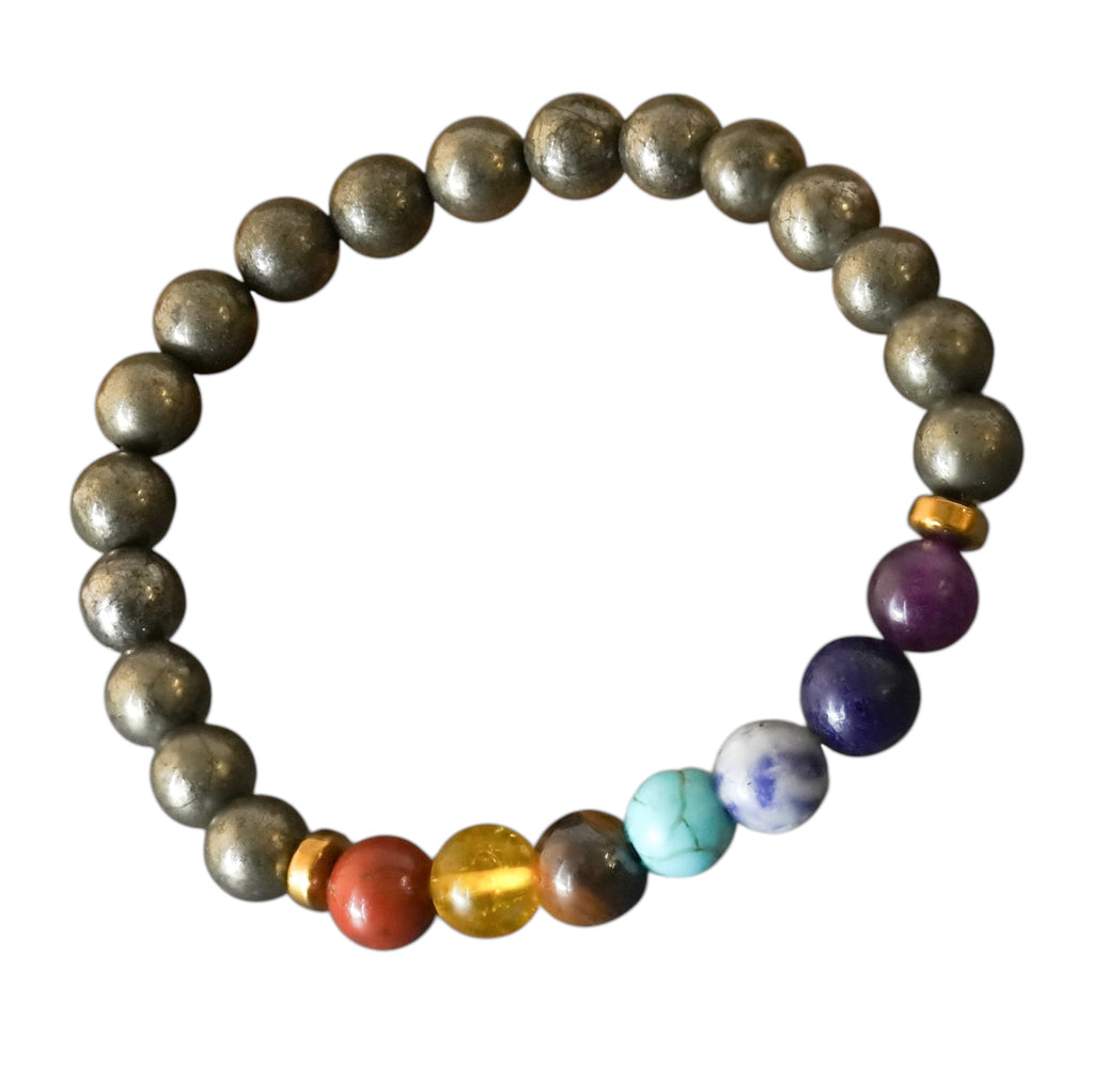 7 Chakra Pyrite metallic bead bracelet with colorful chakra stones