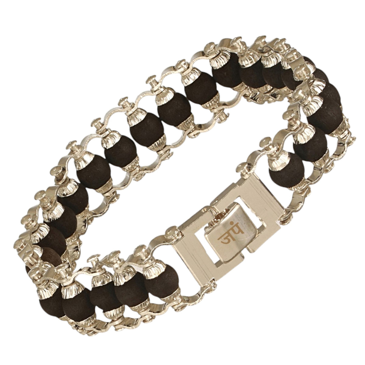 Close-up of Karungali black beaded silver bracelet for men with intricate bead and metalwork design
