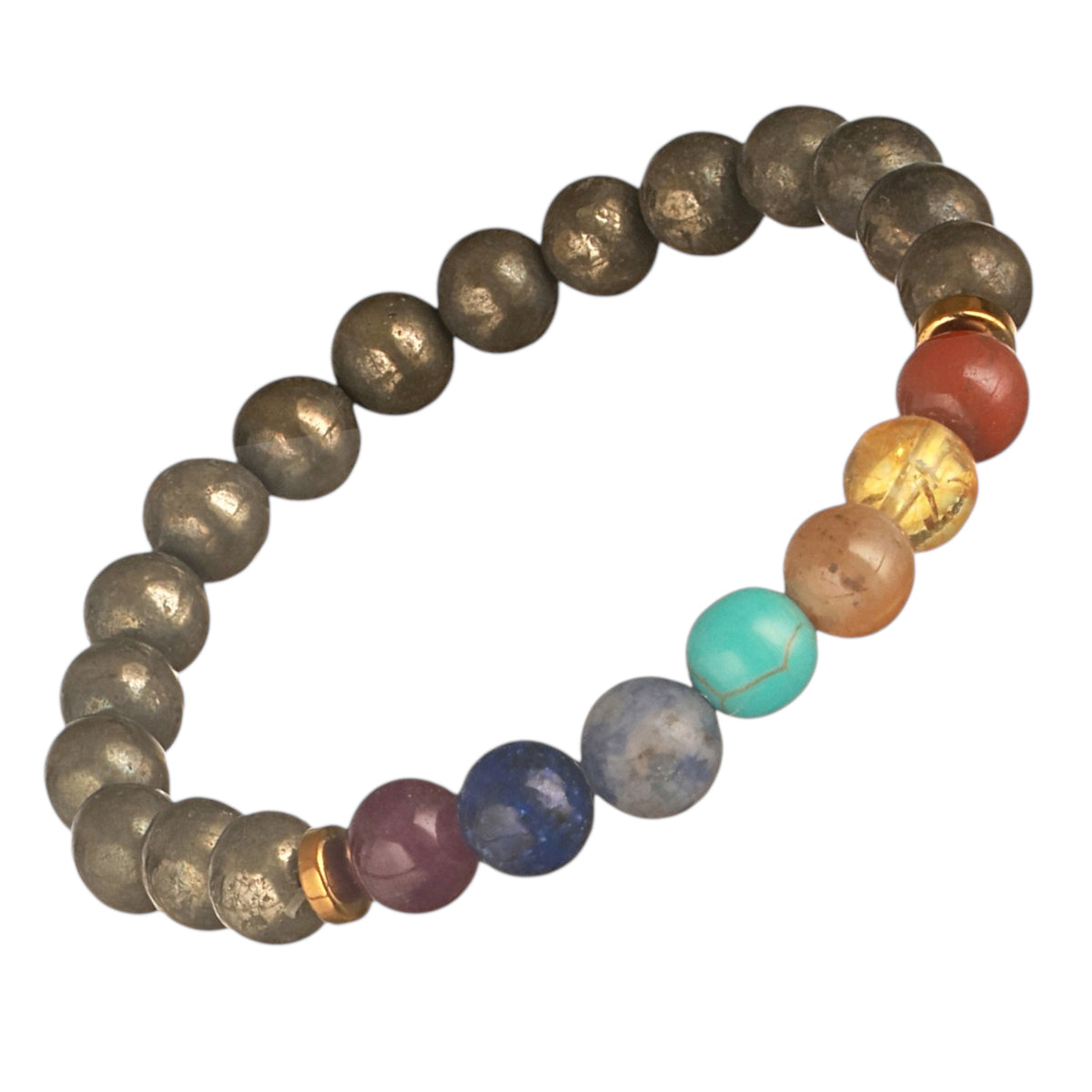 Unisex metallic bead bracelet featuring seven chakra gemstones