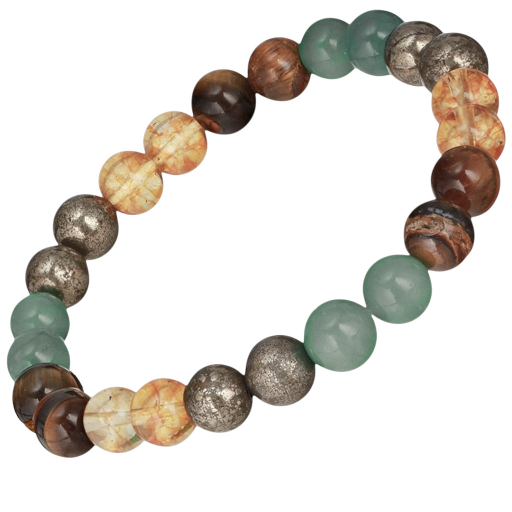 Unisex wealth stone bracelet featuring natural pyrite and mixed color round beads