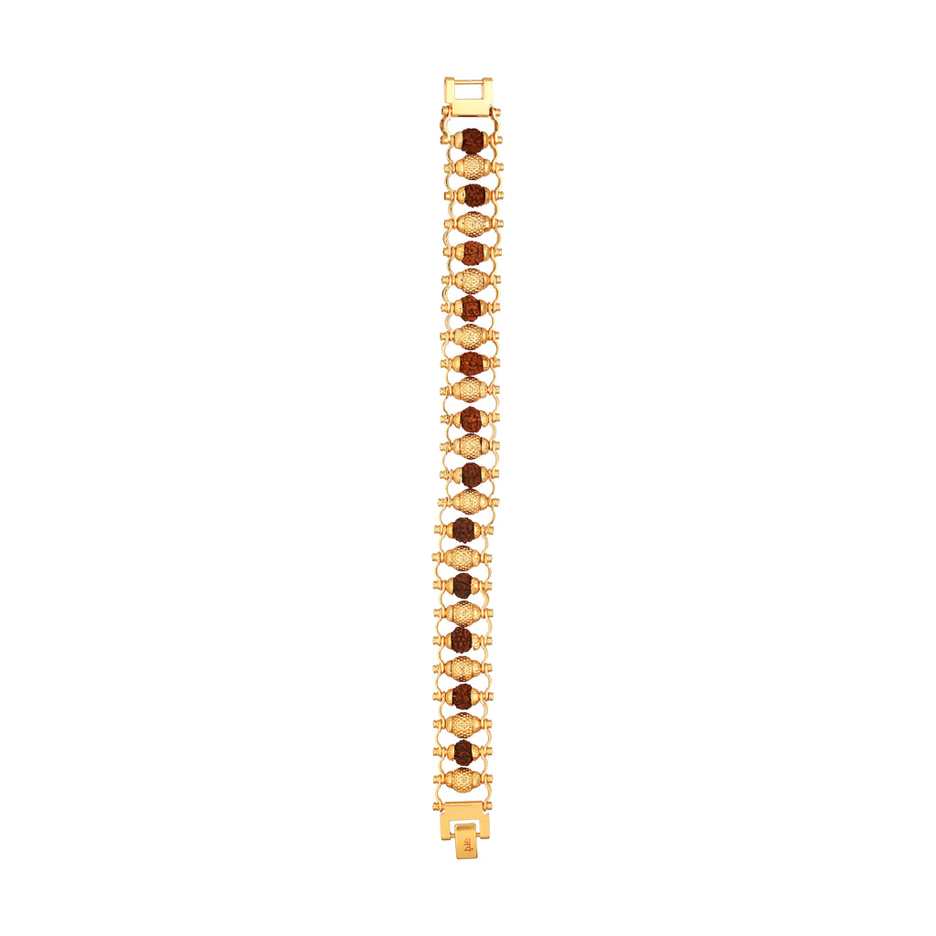 Golden modern beaded men's bracelet with alternating gold and brown metal beads displayed flat