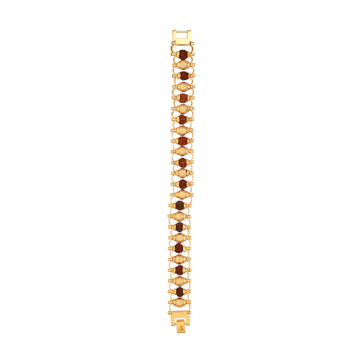 Golden modern beaded men's bracelet with alternating gold and brown metal beads displayed flat