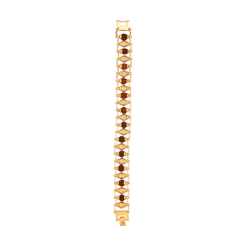 Golden modern beaded men's bracelet with alternating gold and brown metal beads displayed flat